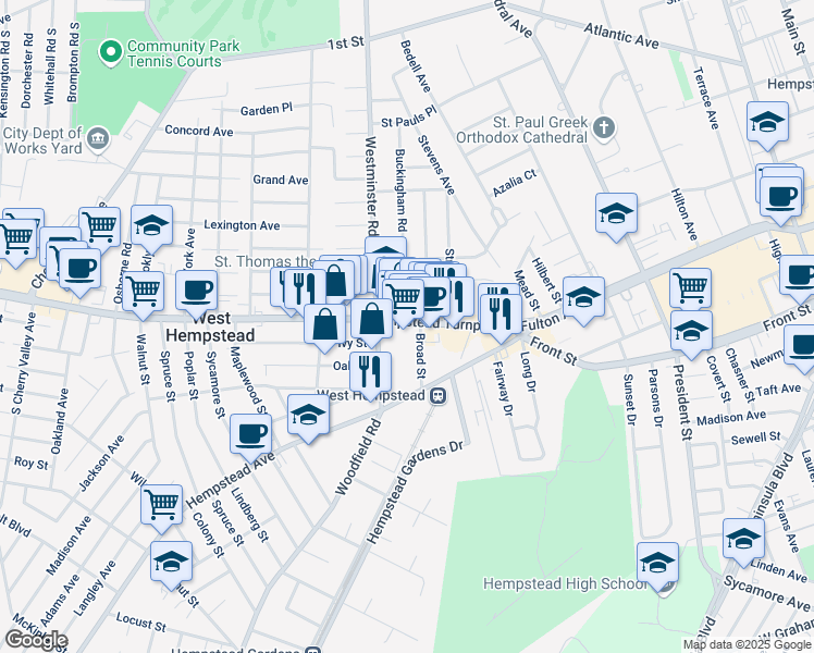 map of restaurants, bars, coffee shops, grocery stores, and more near 111 Hempstead Turnpike in West Hempstead