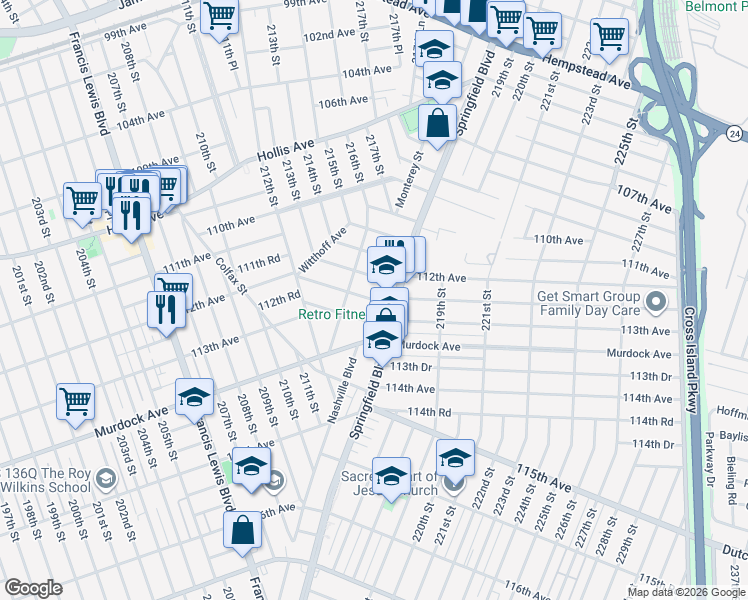 map of restaurants, bars, coffee shops, grocery stores, and more near 215-08 112th Avenue in Queens