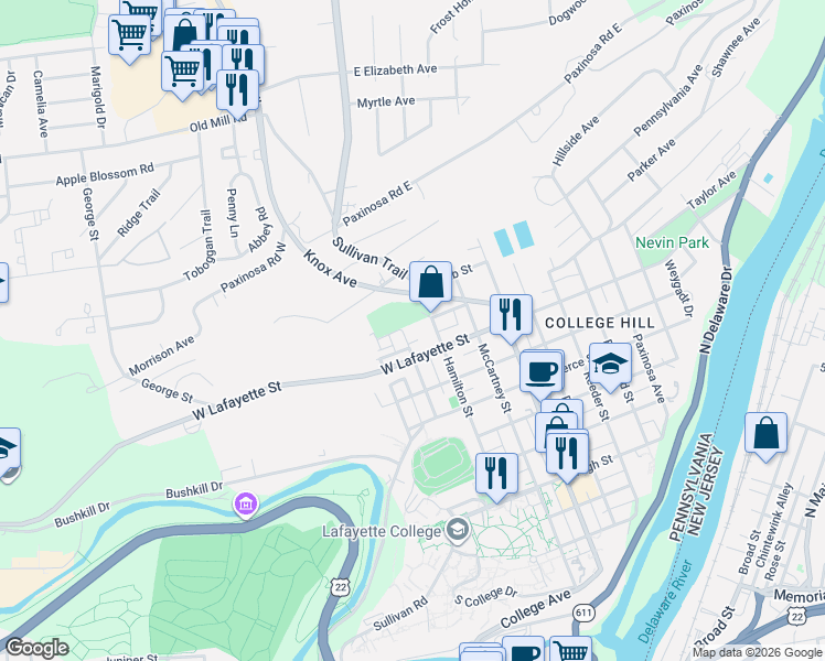 map of restaurants, bars, coffee shops, grocery stores, and more near 940 Knox Avenue in Easton