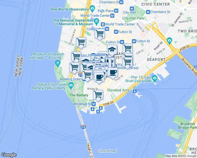 map of restaurants, bars, coffee shops, grocery stores, and more near 60 Broad Street in New York