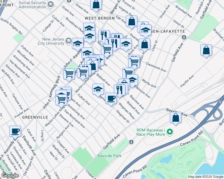 map of restaurants, bars, coffee shops, grocery stores, and more near 142 Bidwell Avenue in Jersey City