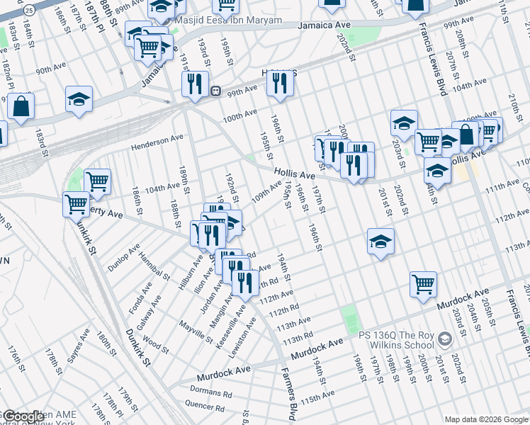 map of restaurants, bars, coffee shops, grocery stores, and more near 193-03 109th Avenue in Queens