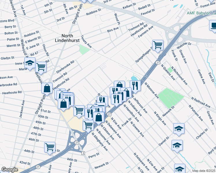 map of restaurants, bars, coffee shops, grocery stores, and more near Spiegelhagen Street in Lindenhurst