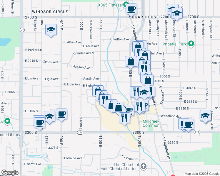 map of restaurants, bars, coffee shops, grocery stores, and more near 1159 Elgin Avenue in Salt Lake City