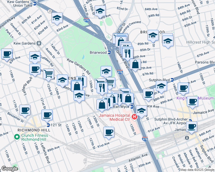 map of restaurants, bars, coffee shops, grocery stores, and more near 134-20 87th Avenue in Queens