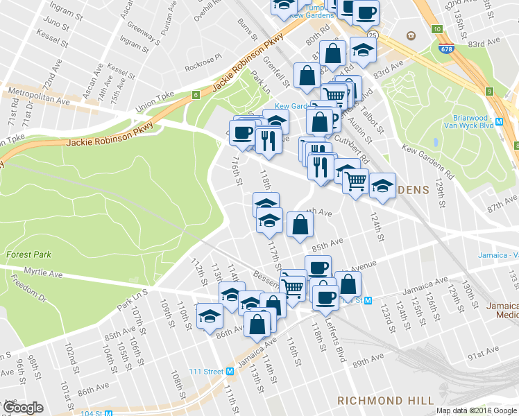 map of restaurants, bars, coffee shops, grocery stores, and more near 117-04 Curzon Road in Queens