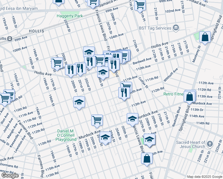 map of restaurants, bars, coffee shops, grocery stores, and more near 110-15 205th Street in Queens