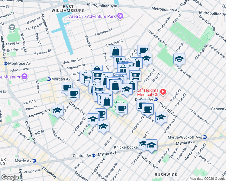 map of restaurants, bars, coffee shops, grocery stores, and more near Troutman Street in Brooklyn