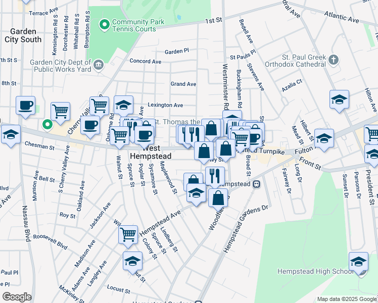 map of restaurants, bars, coffee shops, grocery stores, and more near 227 Parker Avenue in West Hempstead