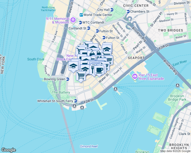 map of restaurants, bars, coffee shops, grocery stores, and more near 3 Hanover Square in New York