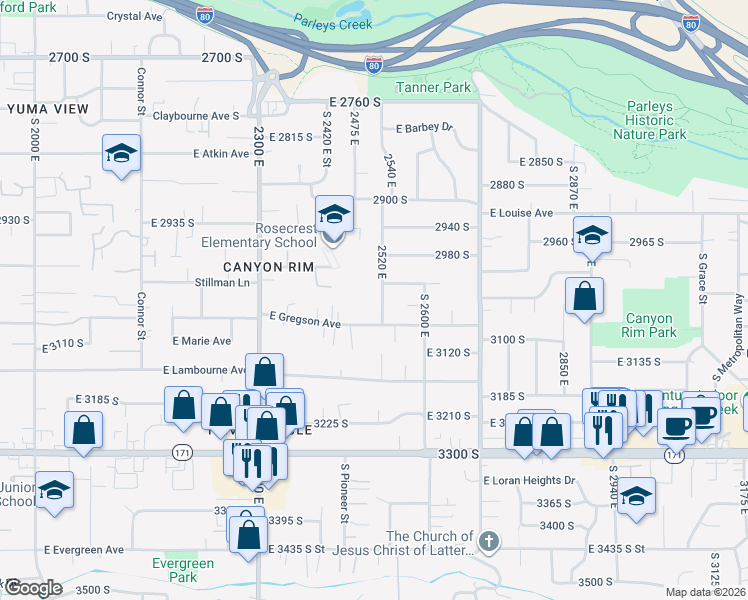 map of restaurants, bars, coffee shops, grocery stores, and more near 3042 2520 East in Salt Lake City