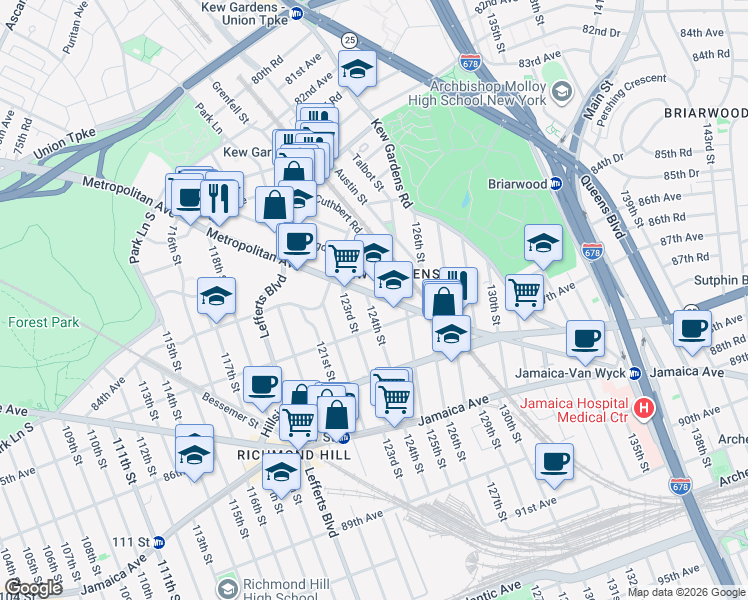 map of restaurants, bars, coffee shops, grocery stores, and more near 124-04 Metropolitan Avenue in Queens