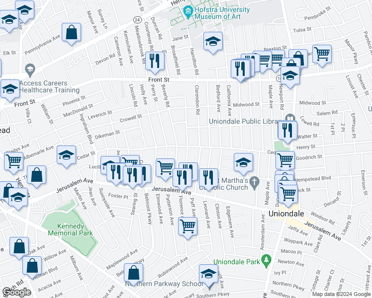 map of restaurants, bars, coffee shops, grocery stores, and more near 129 Rutland Road in Hempstead