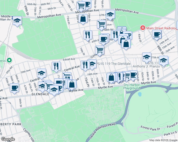 map of restaurants, bars, coffee shops, grocery stores, and more near 74-01 78th Avenue in Queens