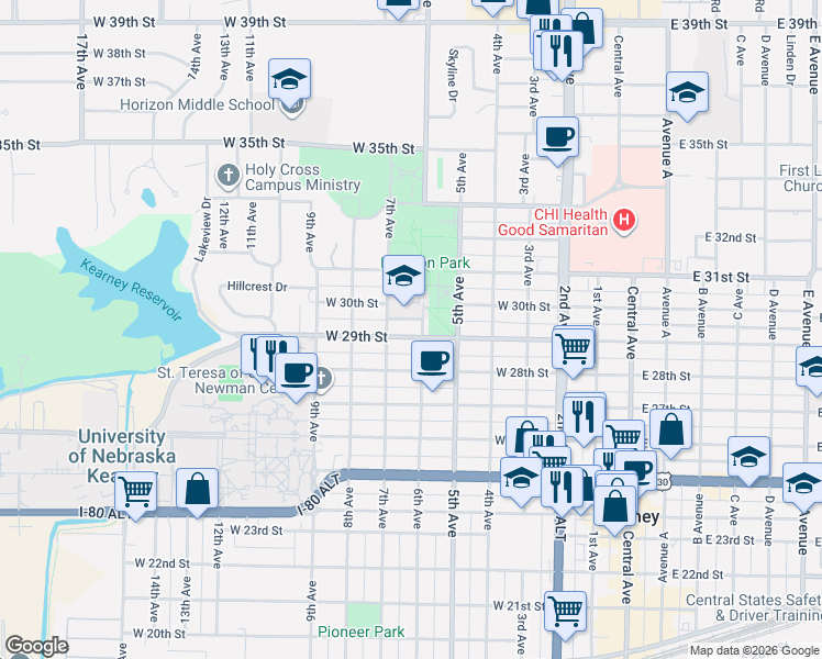 map of restaurants, bars, coffee shops, grocery stores, and more near 605 West 29th Street in Kearney