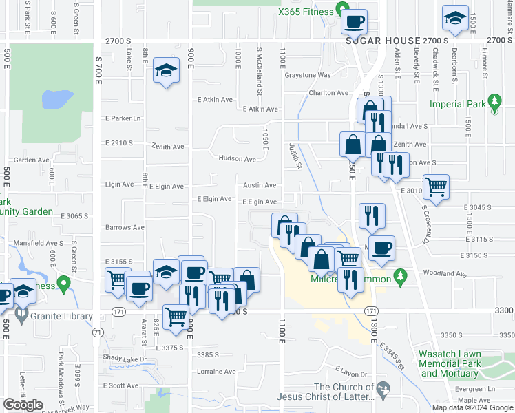 map of restaurants, bars, coffee shops, grocery stores, and more near 1042 Elgin Avenue South in Millcreek