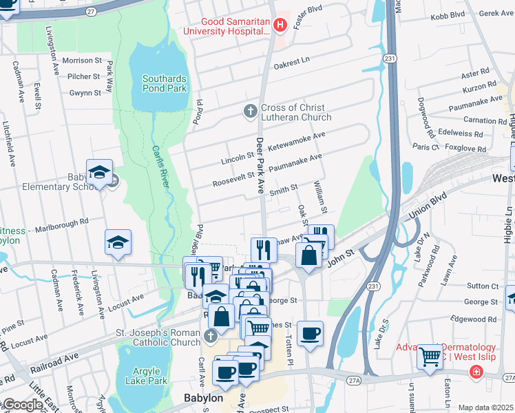 map of restaurants, bars, coffee shops, grocery stores, and more near 17 Strong Avenue in Babylon