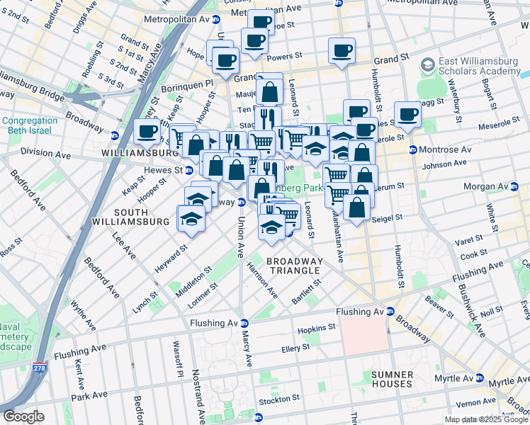 map of restaurants, bars, coffee shops, grocery stores, and more near 541 Broadway in Brooklyn