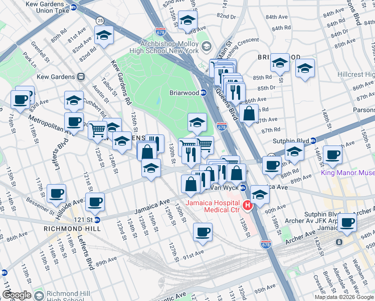 map of restaurants, bars, coffee shops, grocery stores, and more near in Queens