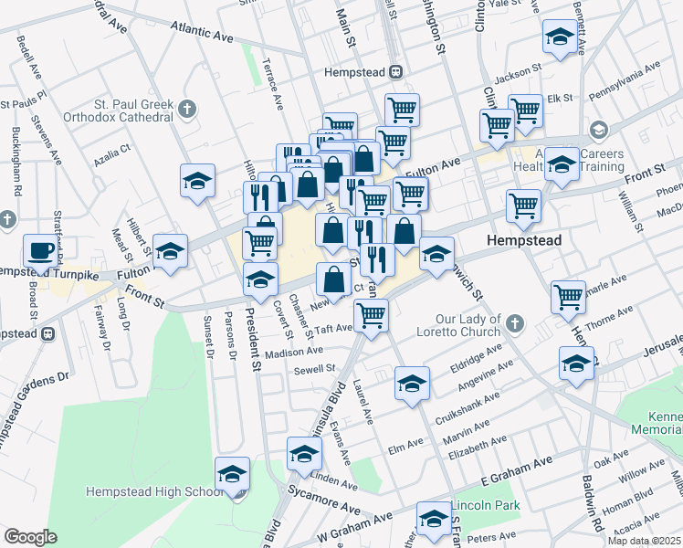 map of restaurants, bars, coffee shops, grocery stores, and more near 223 Front Street in Hempstead