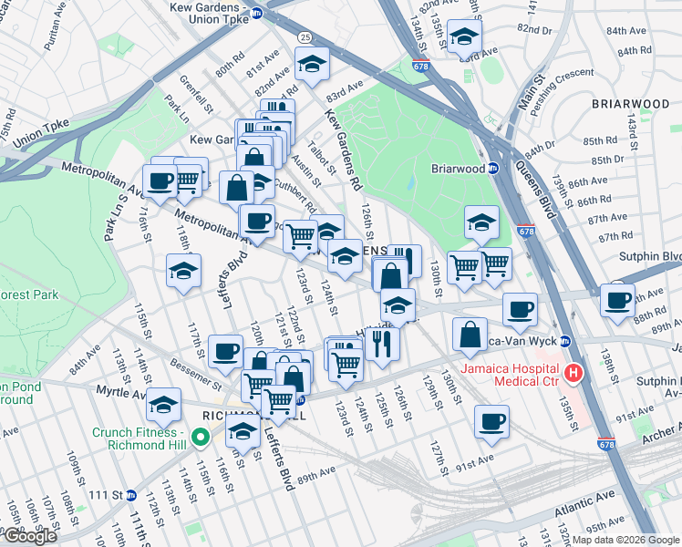 map of restaurants, bars, coffee shops, grocery stores, and more near in Queens