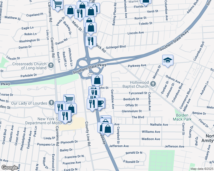 map of restaurants, bars, coffee shops, grocery stores, and more near 25 Brefni Street in Amityville