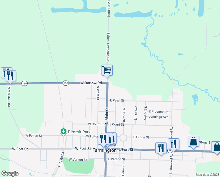 map of restaurants, bars, coffee shops, grocery stores, and more near 585 North Main Street in Farmington