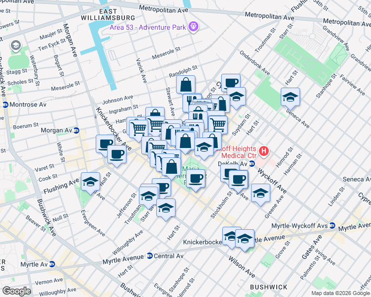 map of restaurants, bars, coffee shops, grocery stores, and more near 55 Irving Avenue in Brooklyn