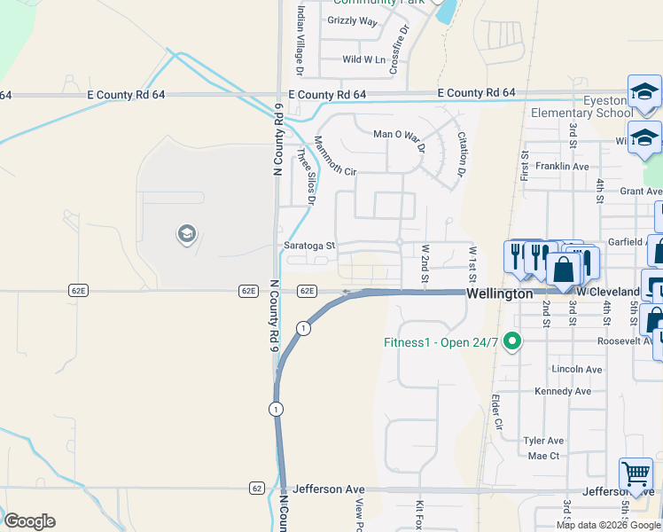 map of restaurants, bars, coffee shops, grocery stores, and more near 3300 Saratoga Street in Wellington