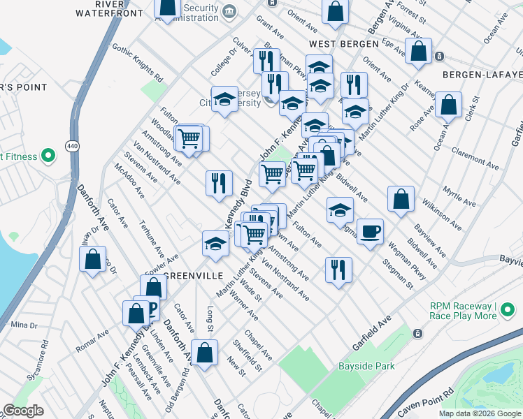 map of restaurants, bars, coffee shops, grocery stores, and more near 46 Bergen Avenue in Jersey City