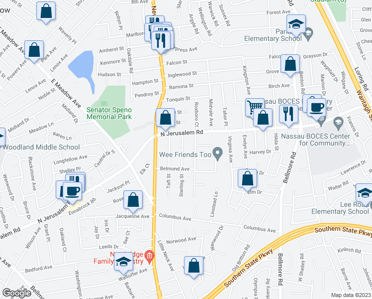 map of restaurants, bars, coffee shops, grocery stores, and more near 717 Sterling Street in Bellmore