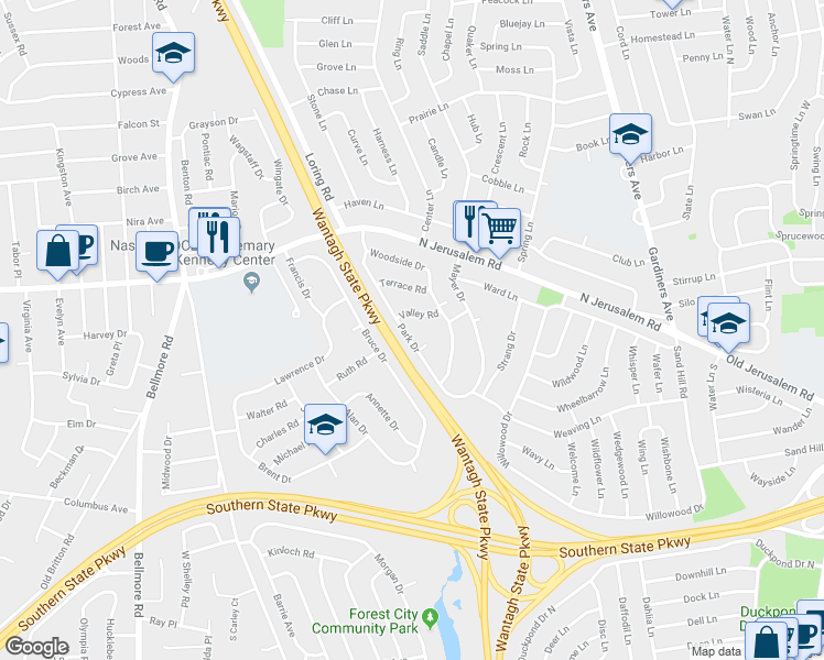 map of restaurants, bars, coffee shops, grocery stores, and more near 845 Park Drive in North Wantagh