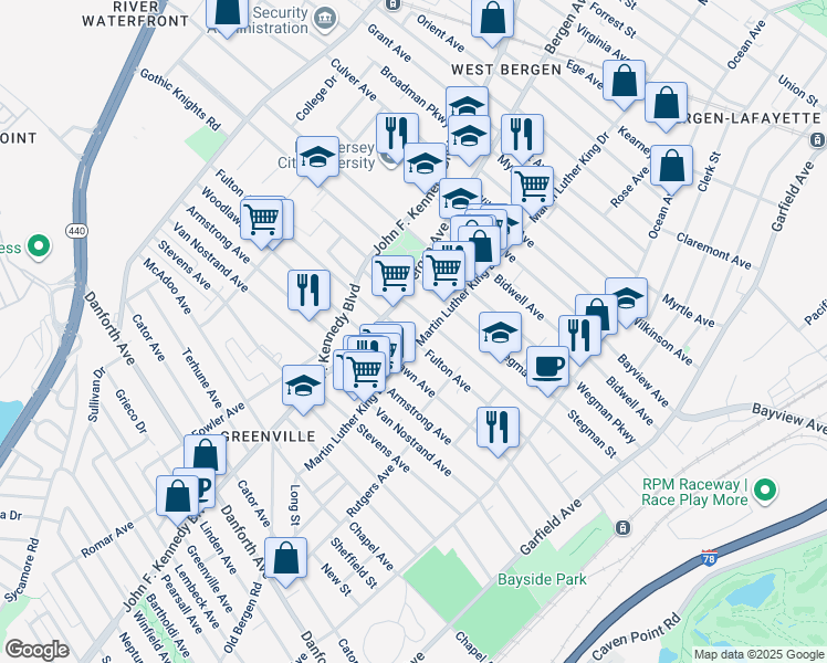 map of restaurants, bars, coffee shops, grocery stores, and more near 224 Dwight Street in Jersey City