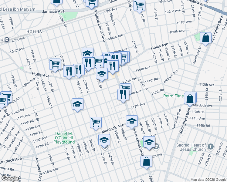map of restaurants, bars, coffee shops, grocery stores, and more near 110-15 205th Street in Queens