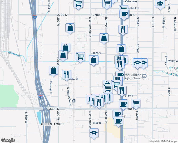 map of restaurants, bars, coffee shops, grocery stores, and more near 3020 South West Temple in South Salt Lake