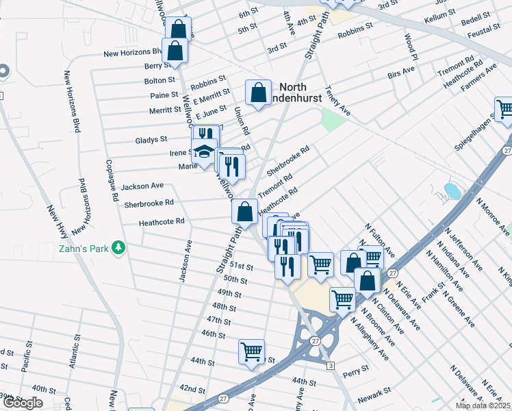 map of restaurants, bars, coffee shops, grocery stores, and more near 1613 Straight Path in Lindenhurst