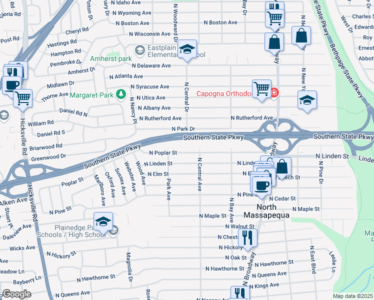 map of restaurants, bars, coffee shops, grocery stores, and more near 261 North Poplar Street in Massapequa
