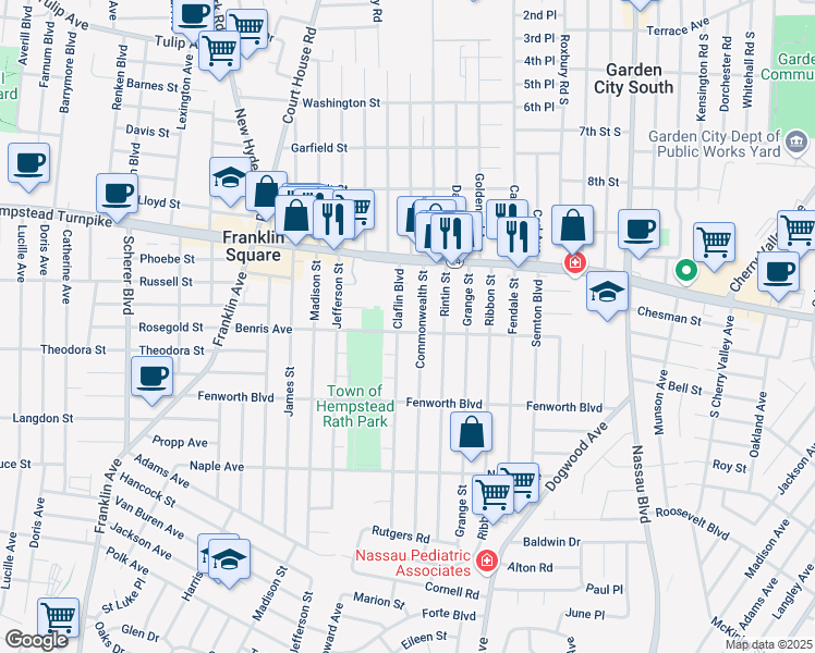 map of restaurants, bars, coffee shops, grocery stores, and more near 48 Commonwealth Street in Franklin Square