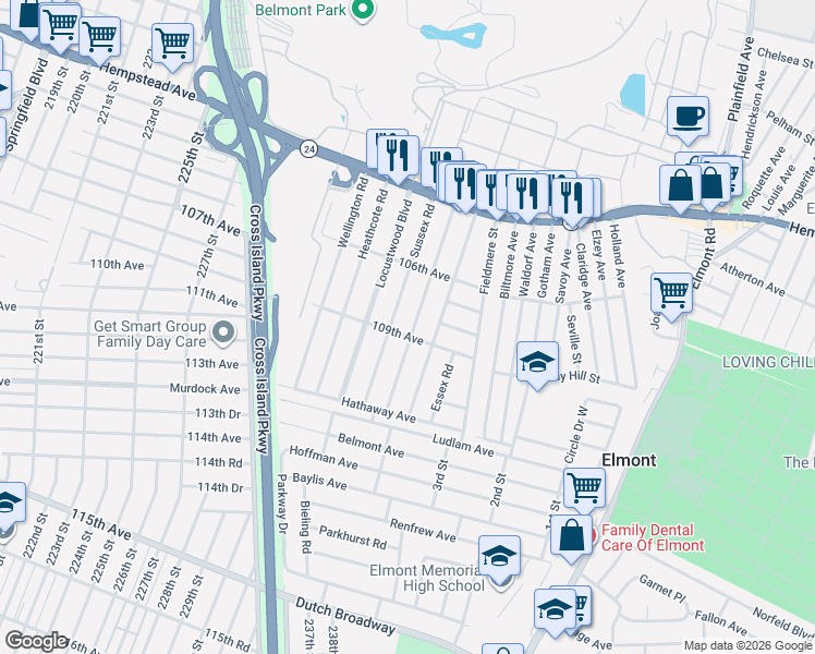 map of restaurants, bars, coffee shops, grocery stores, and more near 106 Sussex Road in Elmont