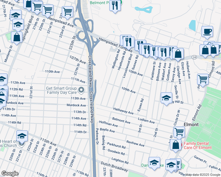 map of restaurants, bars, coffee shops, grocery stores, and more near 140 Wellington Road in Elmont