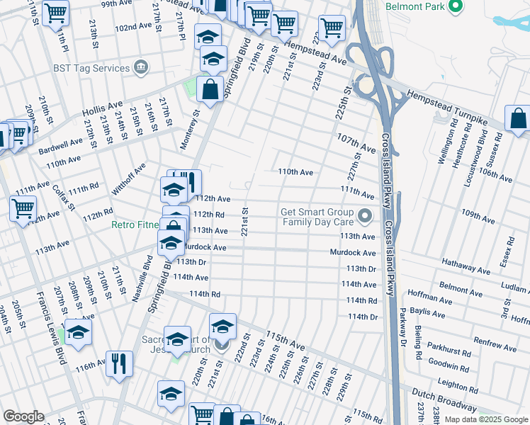 map of restaurants, bars, coffee shops, grocery stores, and more near 221-15 112th Avenue in Queens