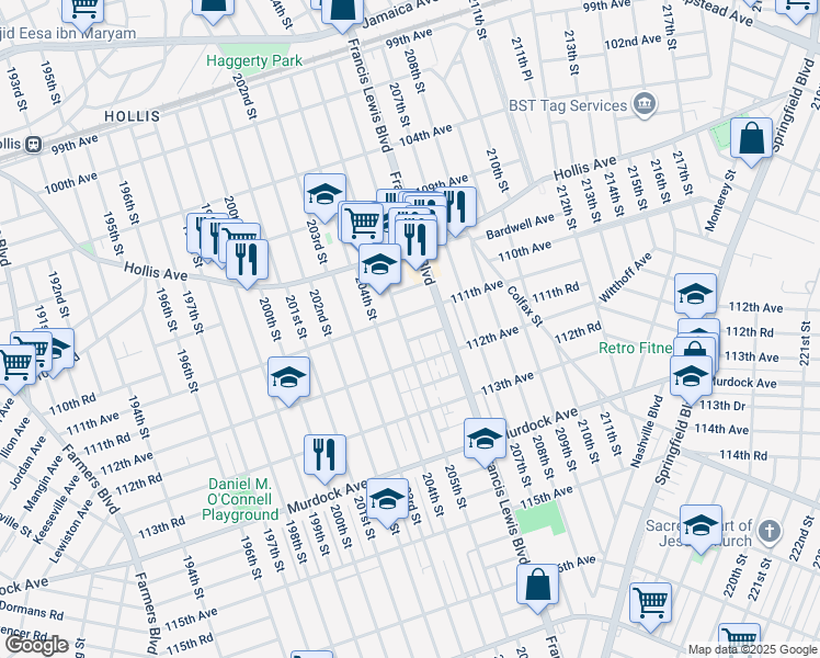 map of restaurants, bars, coffee shops, grocery stores, and more near 110-15 205th Street in Queens