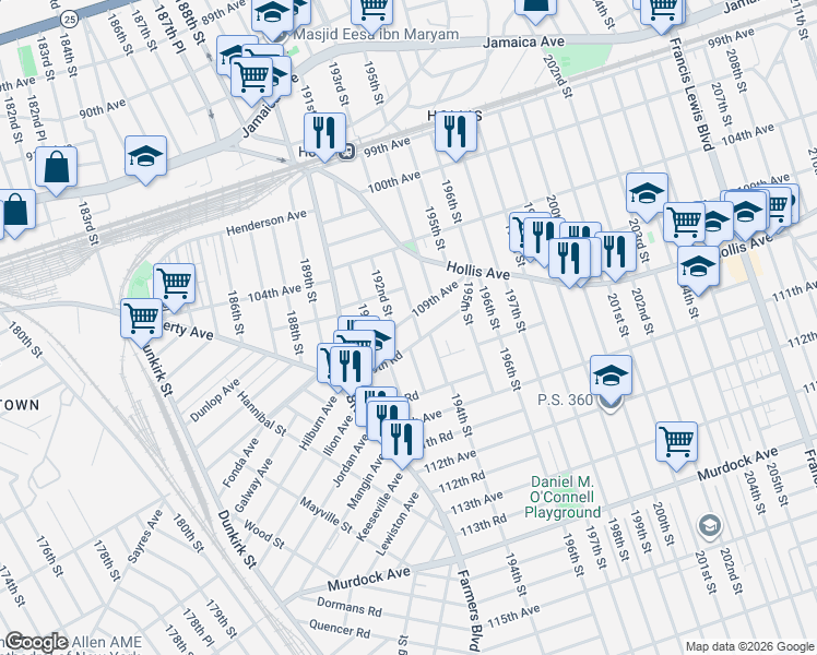 map of restaurants, bars, coffee shops, grocery stores, and more near 193-03 109th Avenue in Queens