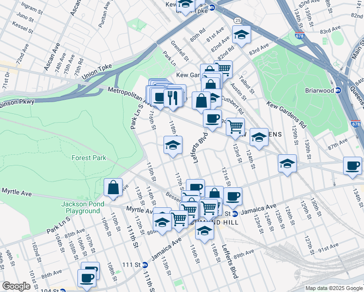 map of restaurants, bars, coffee shops, grocery stores, and more near 83-60 118th Street in Queens