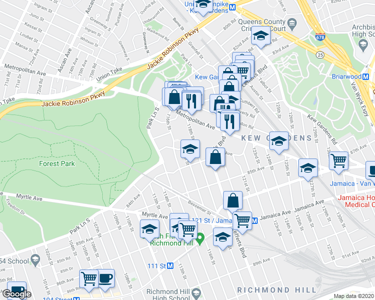 map of restaurants, bars, coffee shops, grocery stores, and more near 83-60 118th Street in Queens