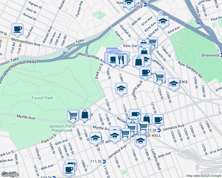 map of restaurants, bars, coffee shops, grocery stores, and more near 8331 116th Street in Queens