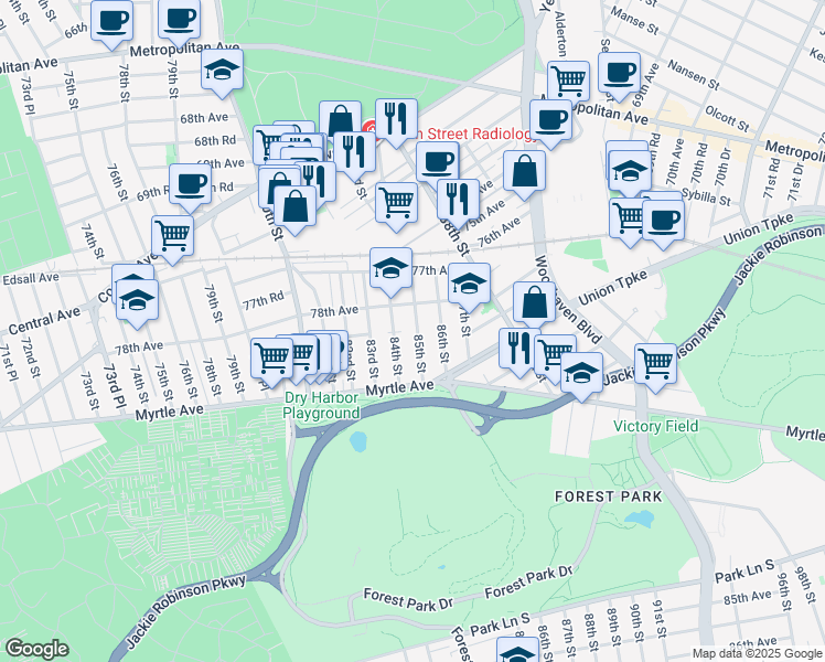 map of restaurants, bars, coffee shops, grocery stores, and more near 78-06 85th Street in Queens