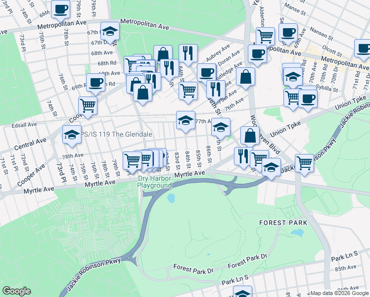 map of restaurants, bars, coffee shops, grocery stores, and more near 78-06 85th Street in Queens