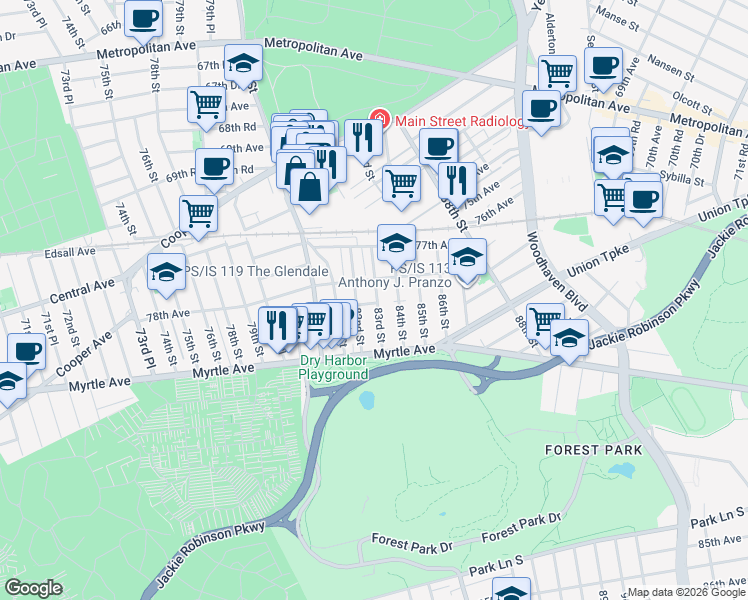 map of restaurants, bars, coffee shops, grocery stores, and more near 78-04 83rd Street in Queens