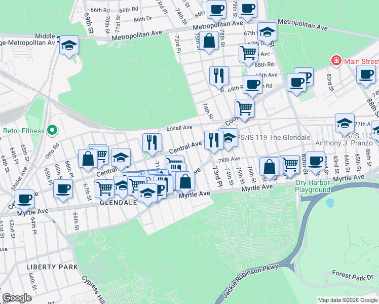 map of restaurants, bars, coffee shops, grocery stores, and more near 72-43 Central Avenue in Queens